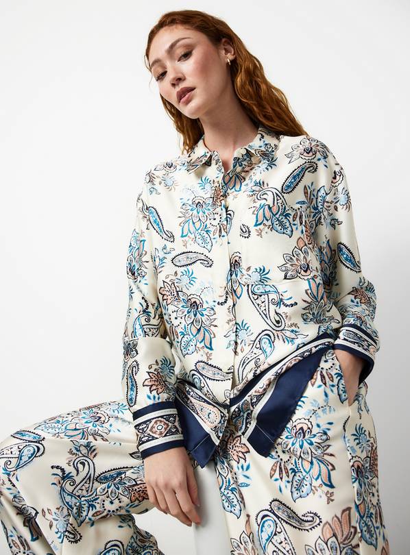 White Paisley Scarf Print Satin Relaxed Fit Co-ord Shirt 16